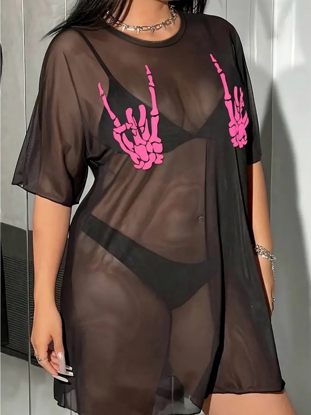 EUC Black Mesh Swimsuit Cover Up w/neon Pink Rocker Skeleton Hands Plus Size 3X